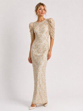 80s Sequin Gown Dress Judith Ann Creations Ivory Gold Beaded Small